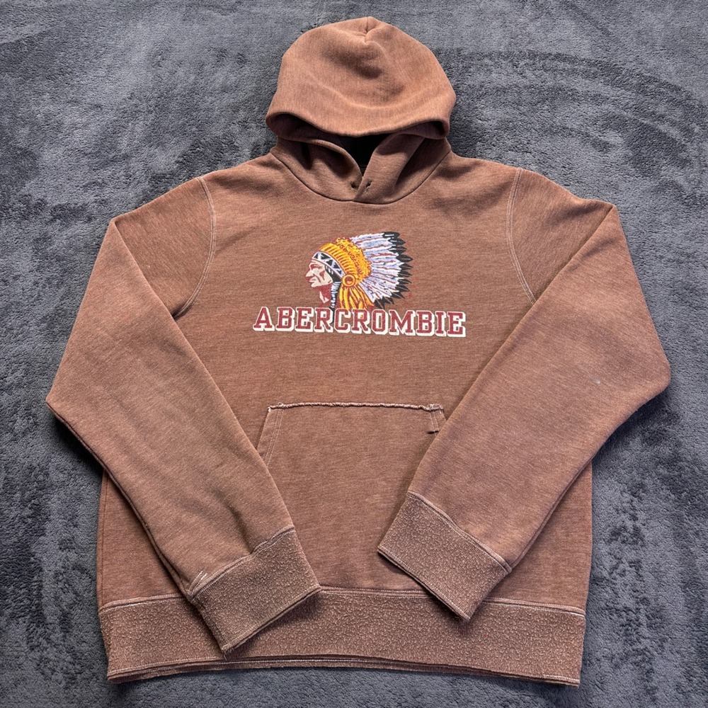 Vintage Abercrombie Fitch Hoodie Mens XL Brown Pullover Native Distressed Logo